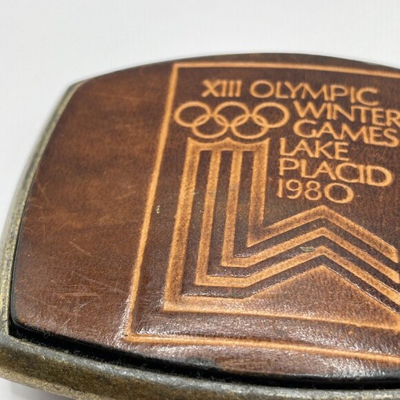 1980 VTG Lake Placid Olympics Winter New York Brown Leather Belt Buckle El Cid - Picture 4 of 10